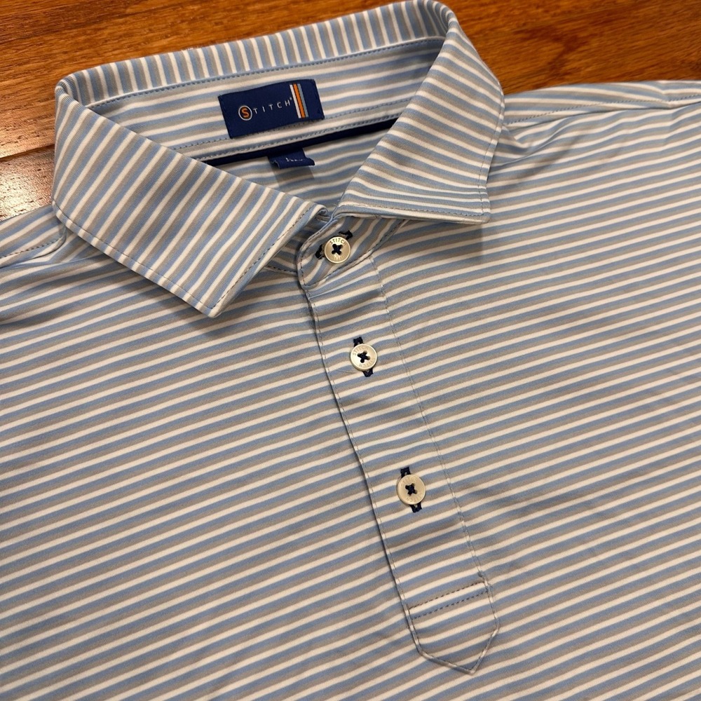 Stitch Golf Performance Polo Shirt Mens Large Blue White Gray Striped Stretch